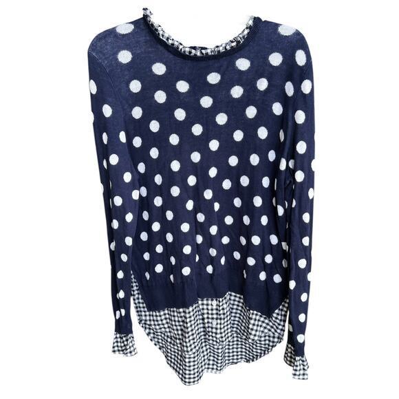 CROWN & IVY lagenlook blue polka dot sweater & check oversized boho preppy sz L - Picture 1 of 8